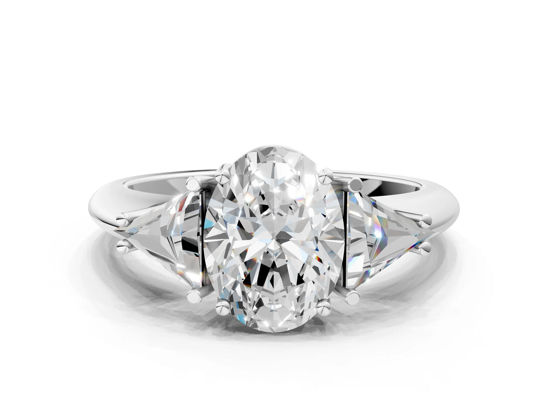 White gold Three-Stone Oval Cut Cut Diamond Ring with Trillion Side Stones and Four-Prong Setting_15