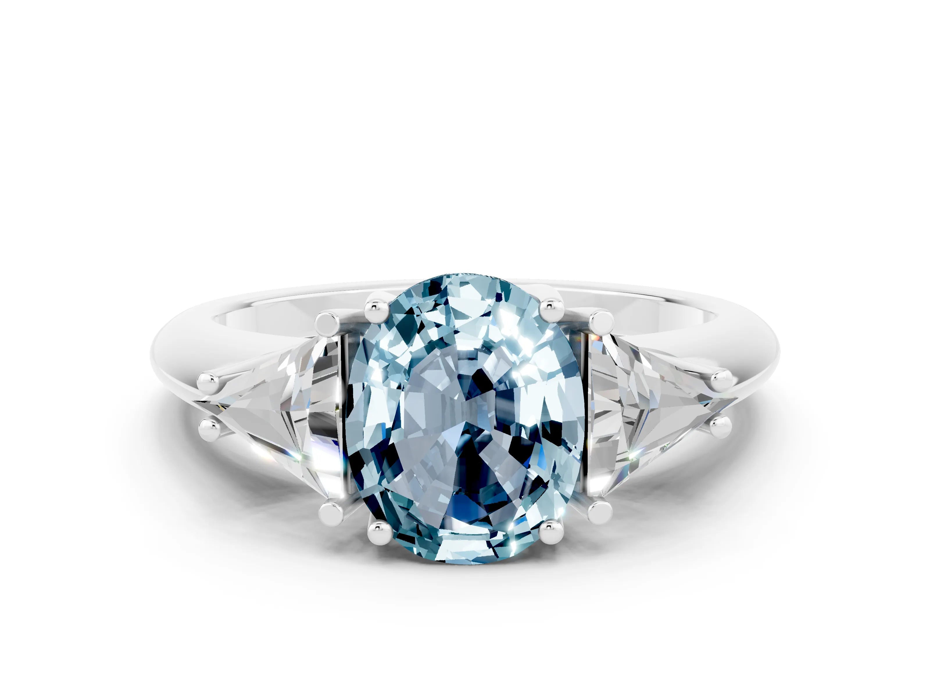 White gold Three-Stone Oval Cut Cut Diamond Ring with Trillion Side Stones and Four-Prong Setting