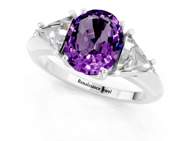 White gold Three-Stone Oval Cut Amethyst Engagement Ring with Trillion Side Stones and Prong Setting