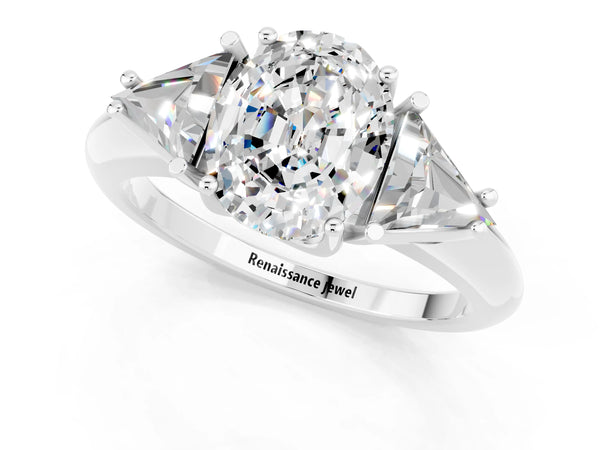 Silver Three-Stone Oval Cut Moissanite Engagement Ring with Trillion Side Stones and Prong Setting