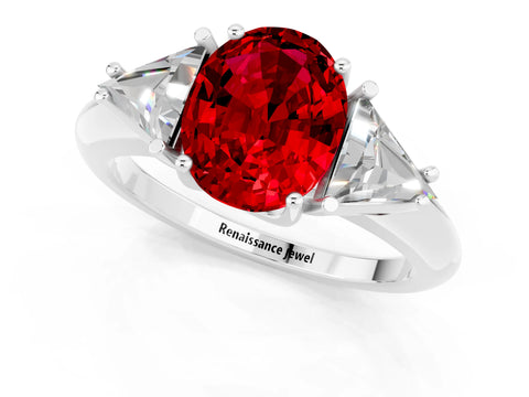 White gold Three-Stone Oval Cut Cut Diamond Ring with Trillion Side Stones and Four-Prong Setting_1