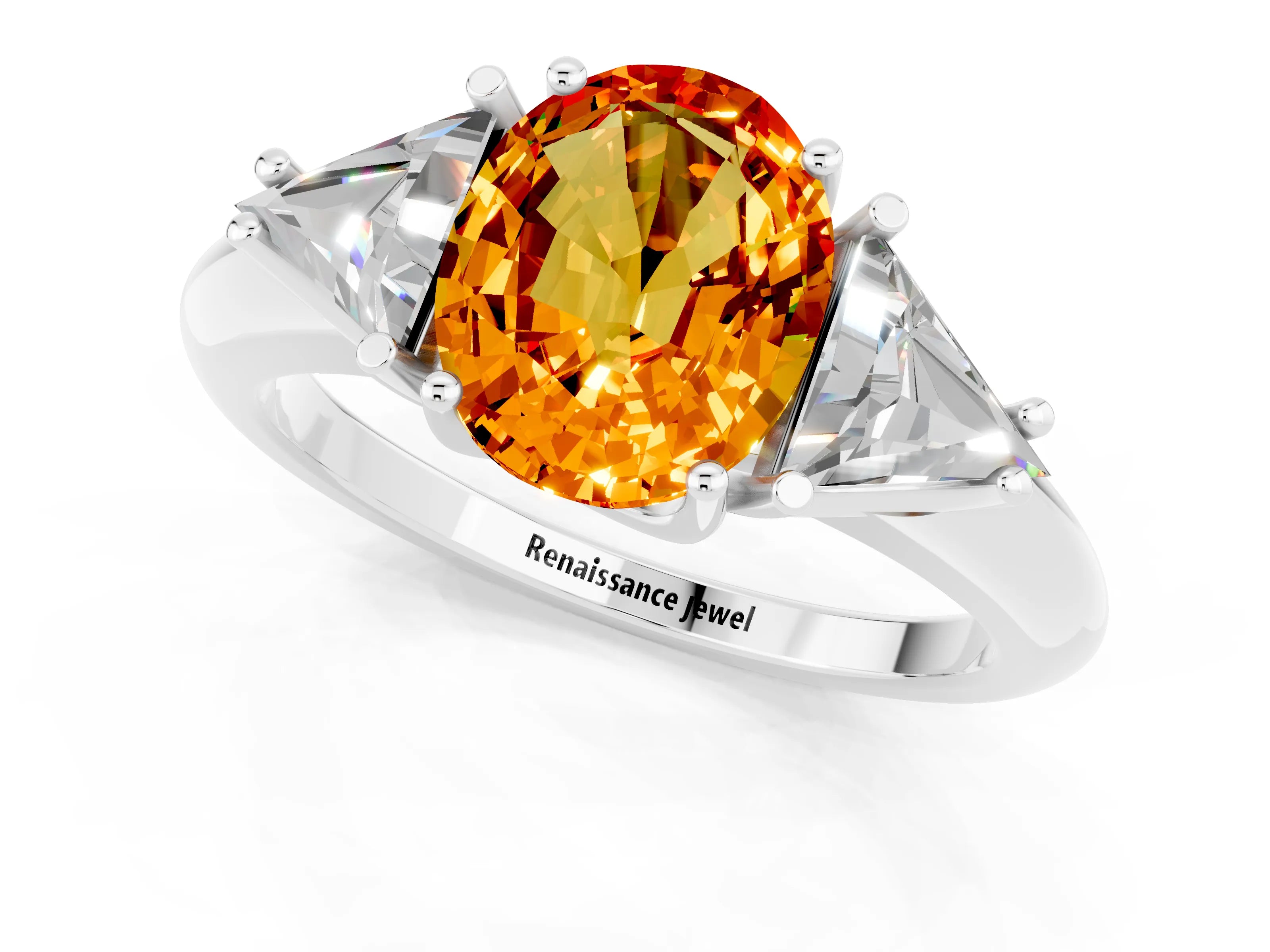 White gold Three-Stone Oval Cut Cut Diamond Ring with Trillion Side Stones and Four-Prong Setting_1