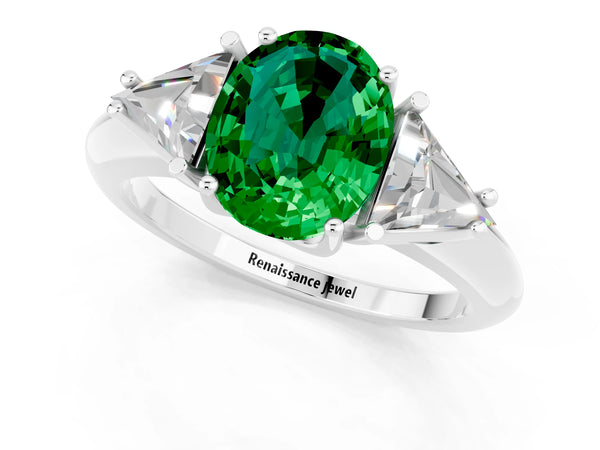 Platinum Three-Stone Oval Cut Emerald Engagement Ring with Trillion Side Stones and Prong Setting