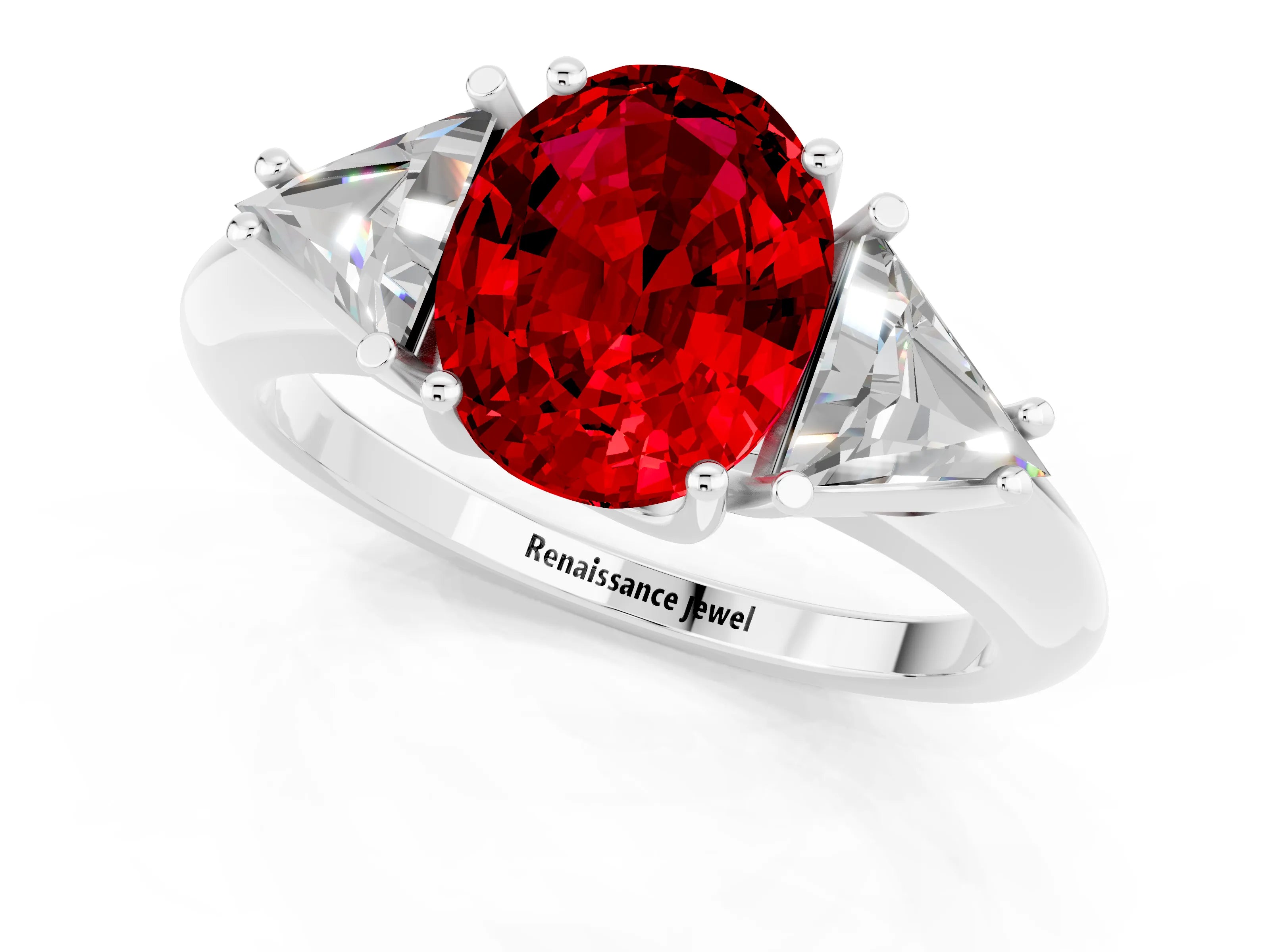 White gold Three-Stone Oval Cut Cut Diamond Ring with Trillion Side Stones and Four-Prong Setting_1