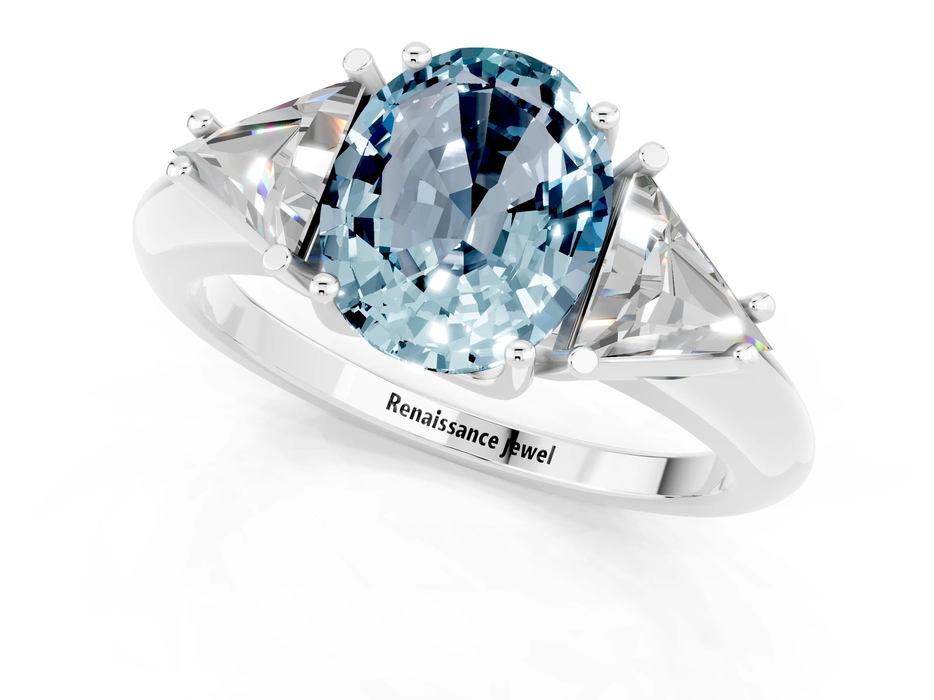 White gold Three-Stone Oval Cut Cut Diamond Ring with Trillion Side Stones and Four-Prong Setting_1