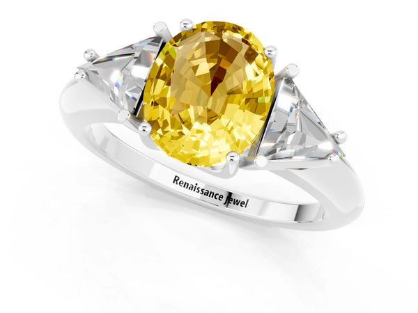 Platinum Three-Stone Oval Cut Yellow Sapphire Engagement Ring with Trillion Side Stones and Prong Setting