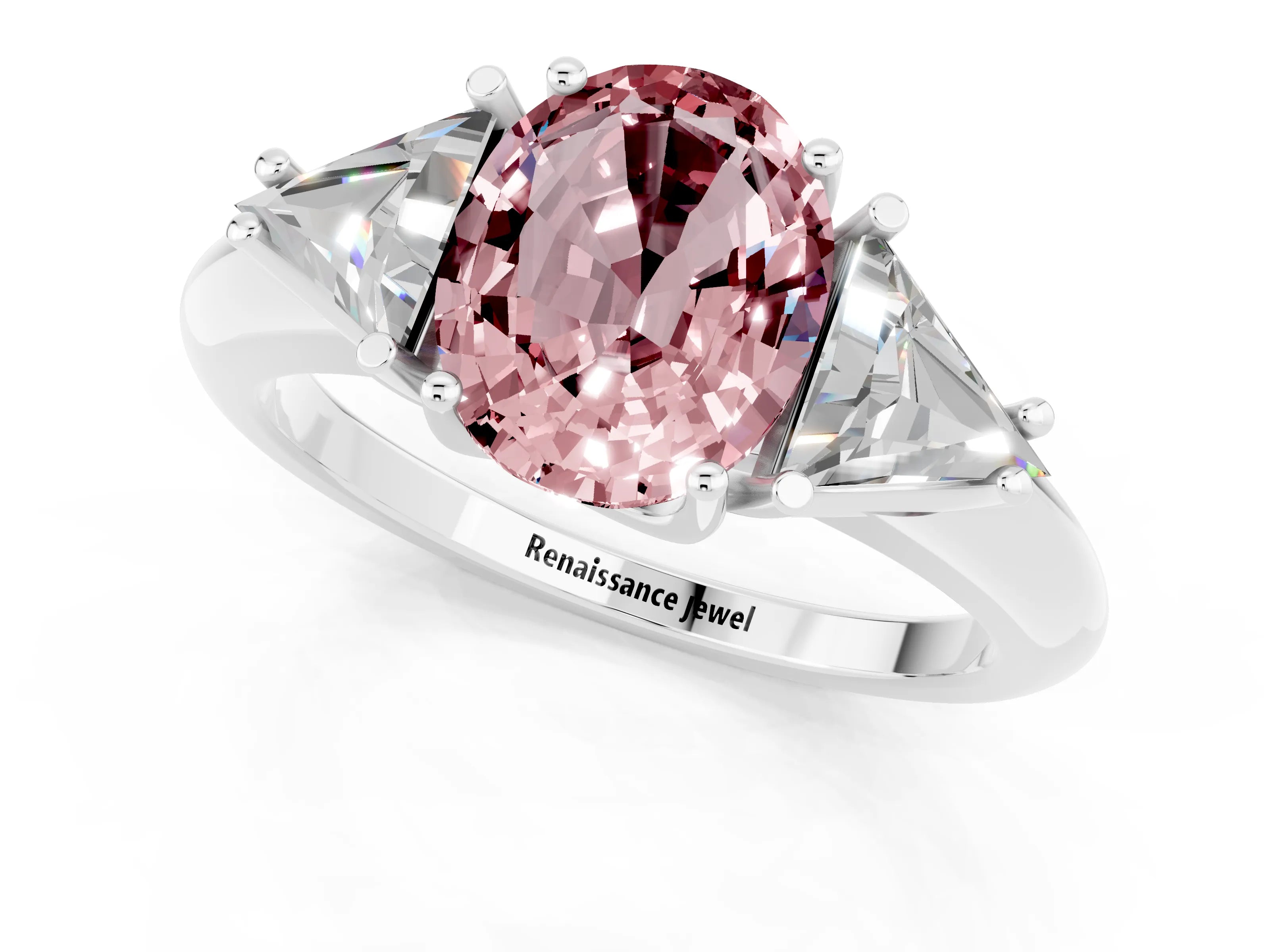 White gold Three-Stone Oval Cut Cut Diamond Ring with Trillion Side Stones and Four-Prong Setting_1