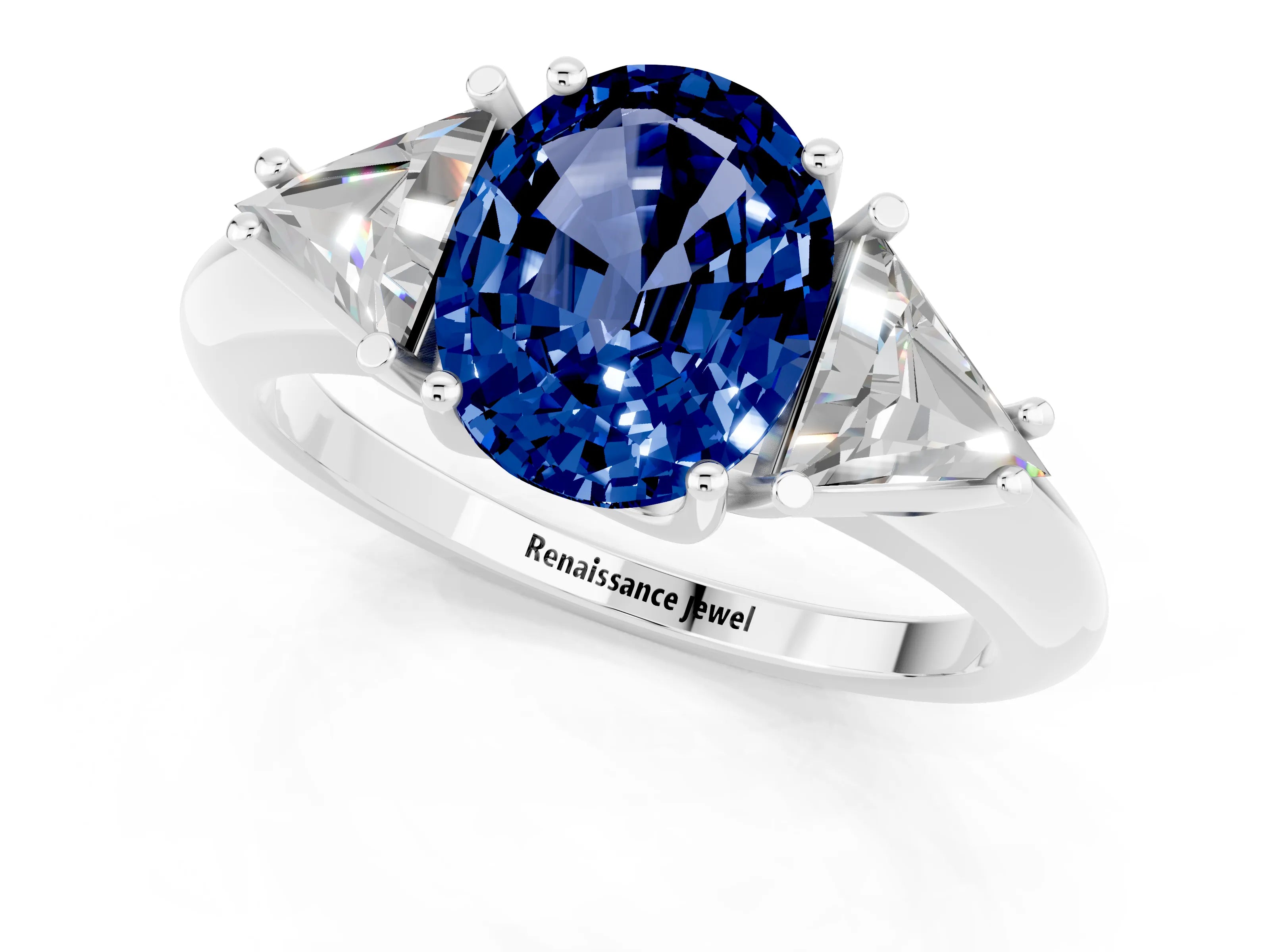 White gold Three-Stone Oval Cut Cut Diamond Ring with Trillion Side Stones and Four-Prong Setting_1
