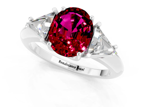 White gold Three-Stone Oval Cut Garnet Engagement Ring with Trillion Side Stones and Prong Setting