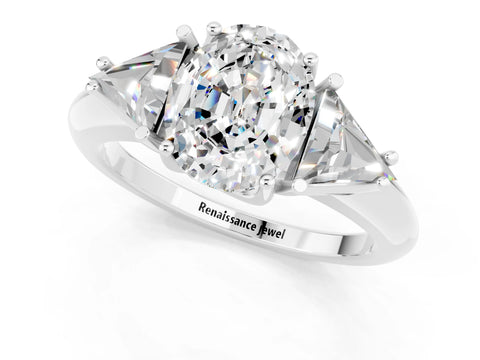 White gold Three-Stone Oval Cut Cut Diamond Ring with Trillion Side Stones and Four-Prong Setting_1