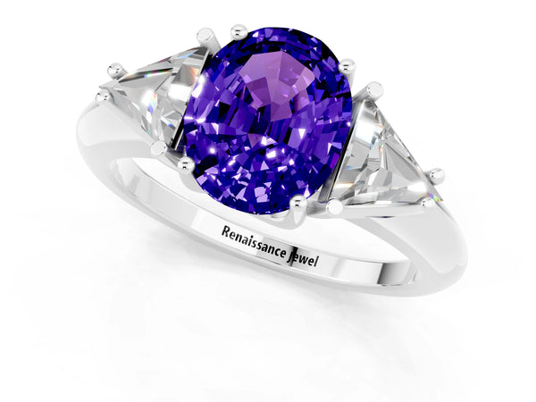 White gold Three-Stone Oval Cut Tanzanite Engagement Ring with Trillion Side Stones and Prong Setting