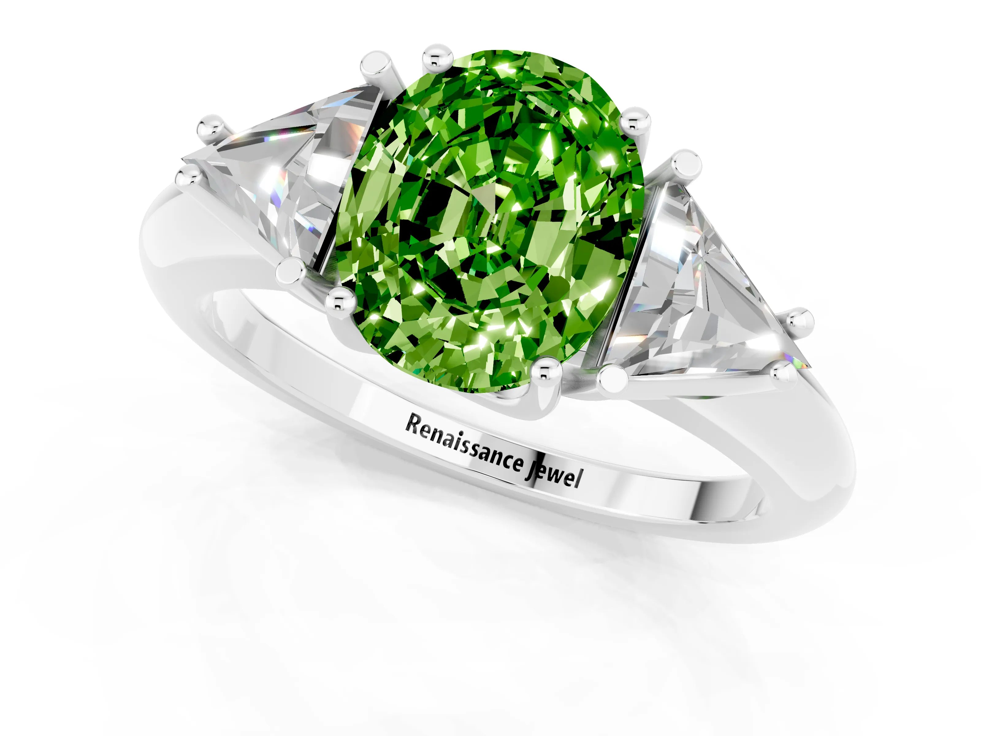 White gold Three-Stone Oval Cut Cut Diamond Ring with Trillion Side Stones and Four-Prong Setting_1