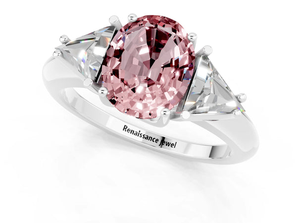 White gold Three-Stone Oval Cut Cut Diamond Ring with Trillion Side Stones and Four-Prong Setting