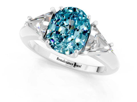 White gold Three-Stone Oval Cut Cut Diamond Ring with Trillion Side Stones and Four-Prong Setting_1