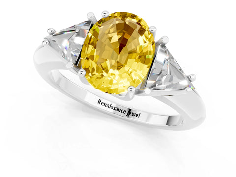 White gold Three-Stone Oval Cut Cut Diamond Ring with Trillion Side Stones and Four-Prong Setting_1