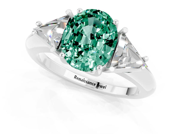 Platinum Three-Stone Oval Cut Green Sapphire Engagement Ring with Trillion Side Stones and Prong Setting