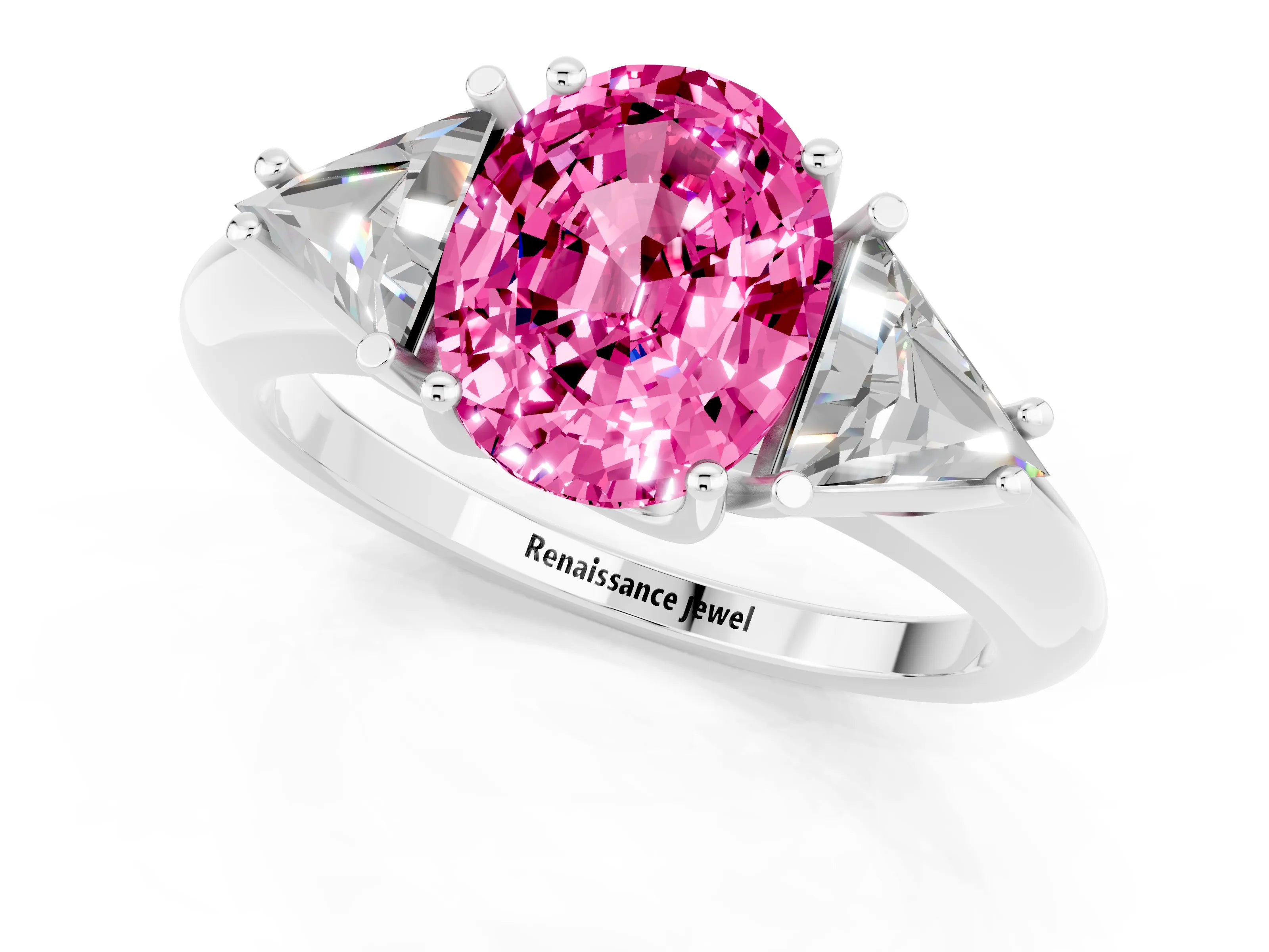 White gold Three-Stone Oval Cut Cut Diamond Ring with Trillion Side Stones and Four-Prong Setting_1