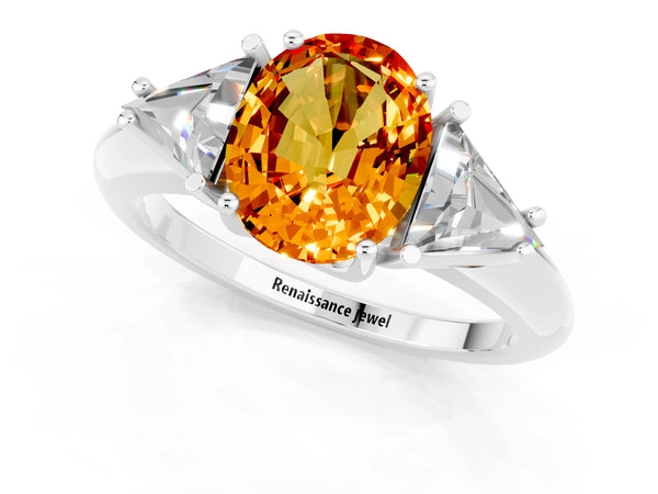 Silver Three-Stone Oval Cut Cut Diamond Ring with Trillion Side Stones and Four-Prong Setting