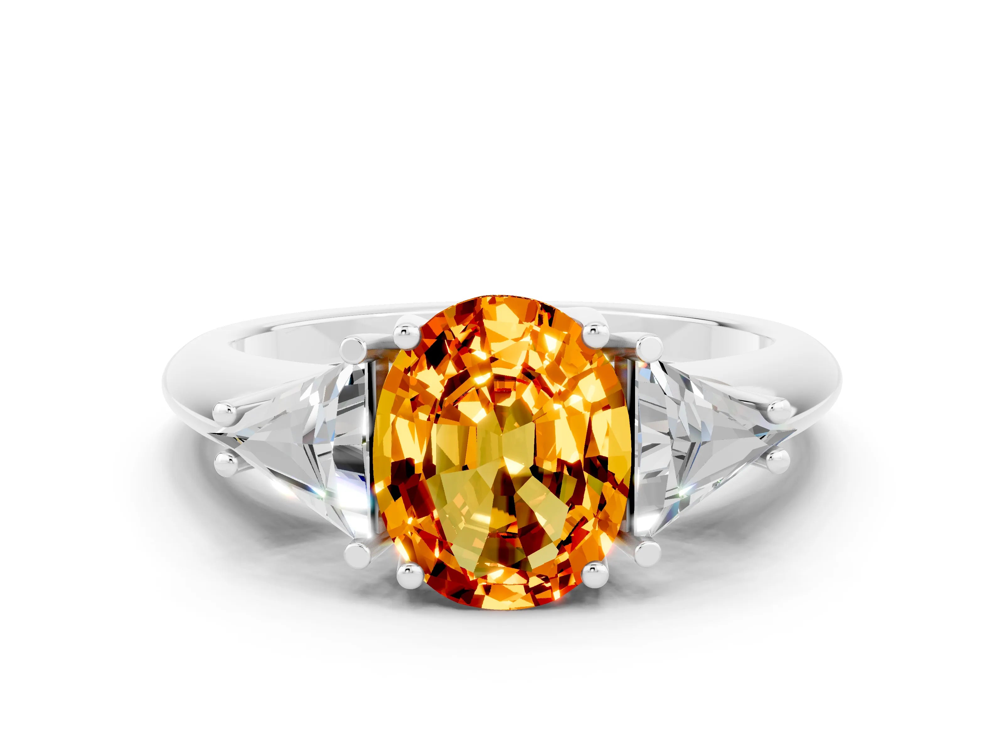 White gold Three-Stone Oval Cut Cut Diamond Ring with Trillion Side Stones and Four-Prong Setting