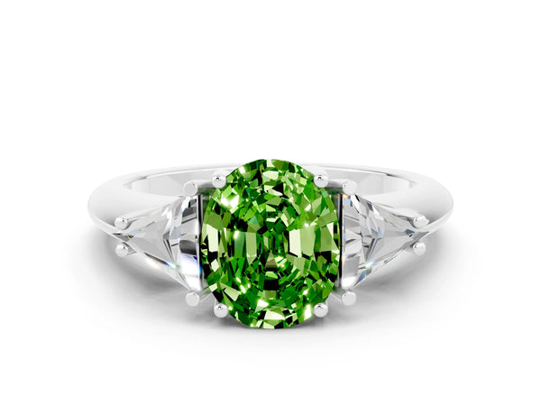 Silver Three-Stone Oval Cut Cut Diamond Ring with Trillion Side Stones and Four-Prong Setting