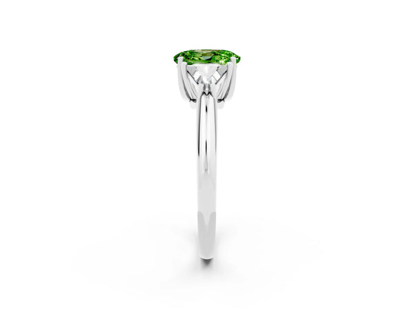 Platinum Three-Stone Oval Cut Cut Diamond Ring with Trillion Side Stones and Four-Prong Setting
