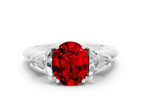 White gold Three-Stone Oval Cut Cut Diamond Ring with Trillion Side Stones and Four-Prong Setting