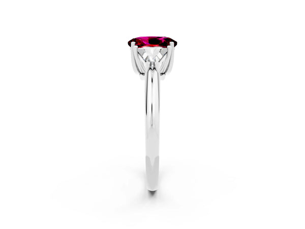 White gold Three-Stone Oval Cut Garnet Engagement Ring with Trillion Side Stones and Prong Setting
