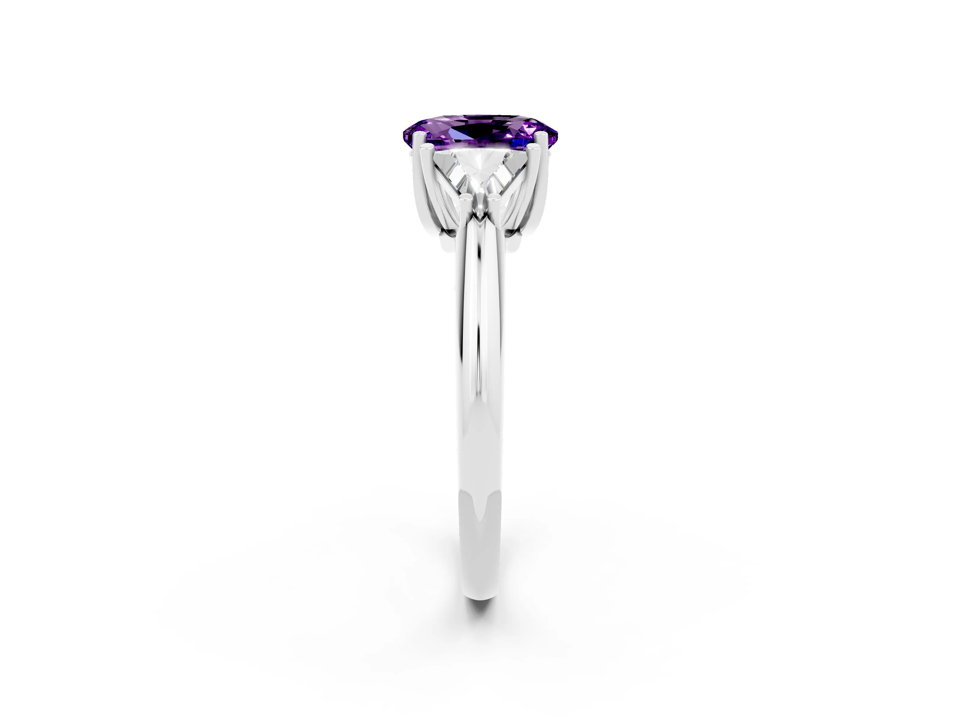 White gold Three-Stone Oval Cut Cut Diamond Ring with Trillion Side Stones and Four-Prong Setting_2
