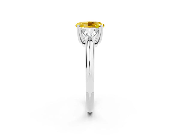 Platinum Three-Stone Oval Cut Yellow Sapphire Engagement Ring with Trillion Side Stones and Prong Setting