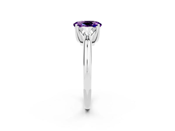 White gold Three-Stone Oval Cut Amethyst Engagement Ring with Trillion Side Stones and Prong Setting