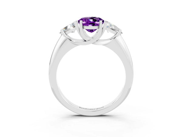White gold Three-Stone Oval Cut Amethyst Engagement Ring with Trillion Side Stones and Prong Setting