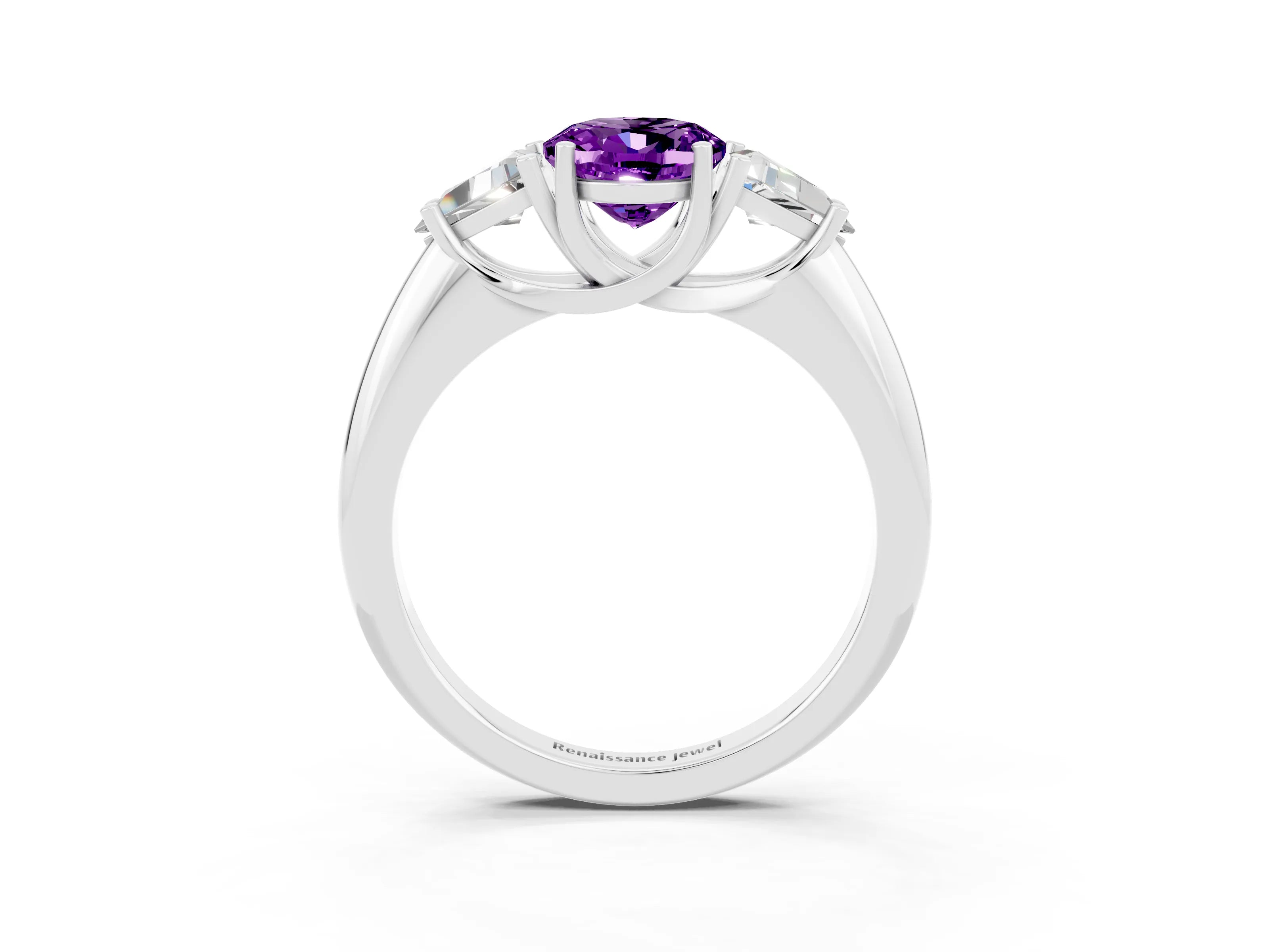 White gold Three-Stone Oval Cut Cut Diamond Ring with Trillion Side Stones and Four-Prong Setting_3