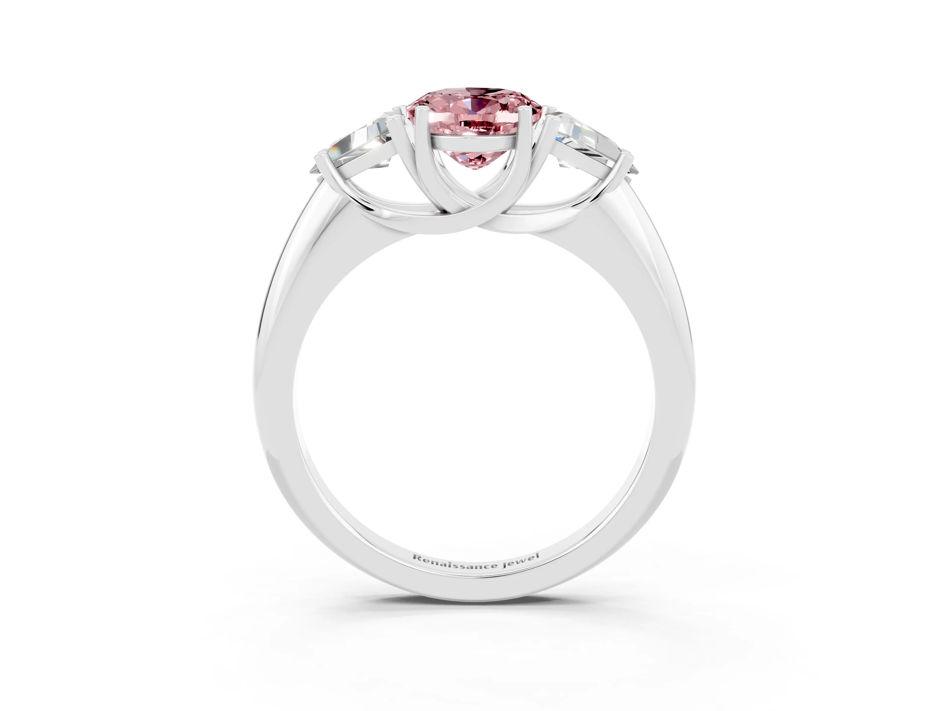 White gold Three-Stone Oval Cut Cut Diamond Ring with Trillion Side Stones and Four-Prong Setting_3