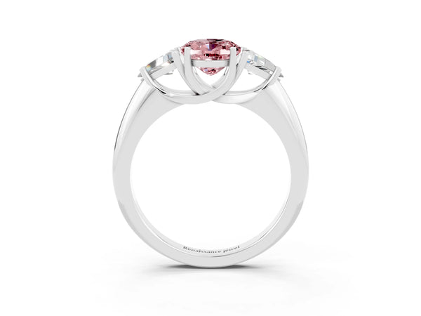 Silver Three-Stone Oval Cut Cut Diamond Ring with Trillion Side Stones and Four-Prong Setting