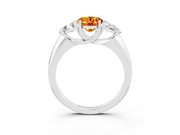 Silver Three-Stone Oval Cut Cut Diamond Ring with Trillion Side Stones and Four-Prong Setting