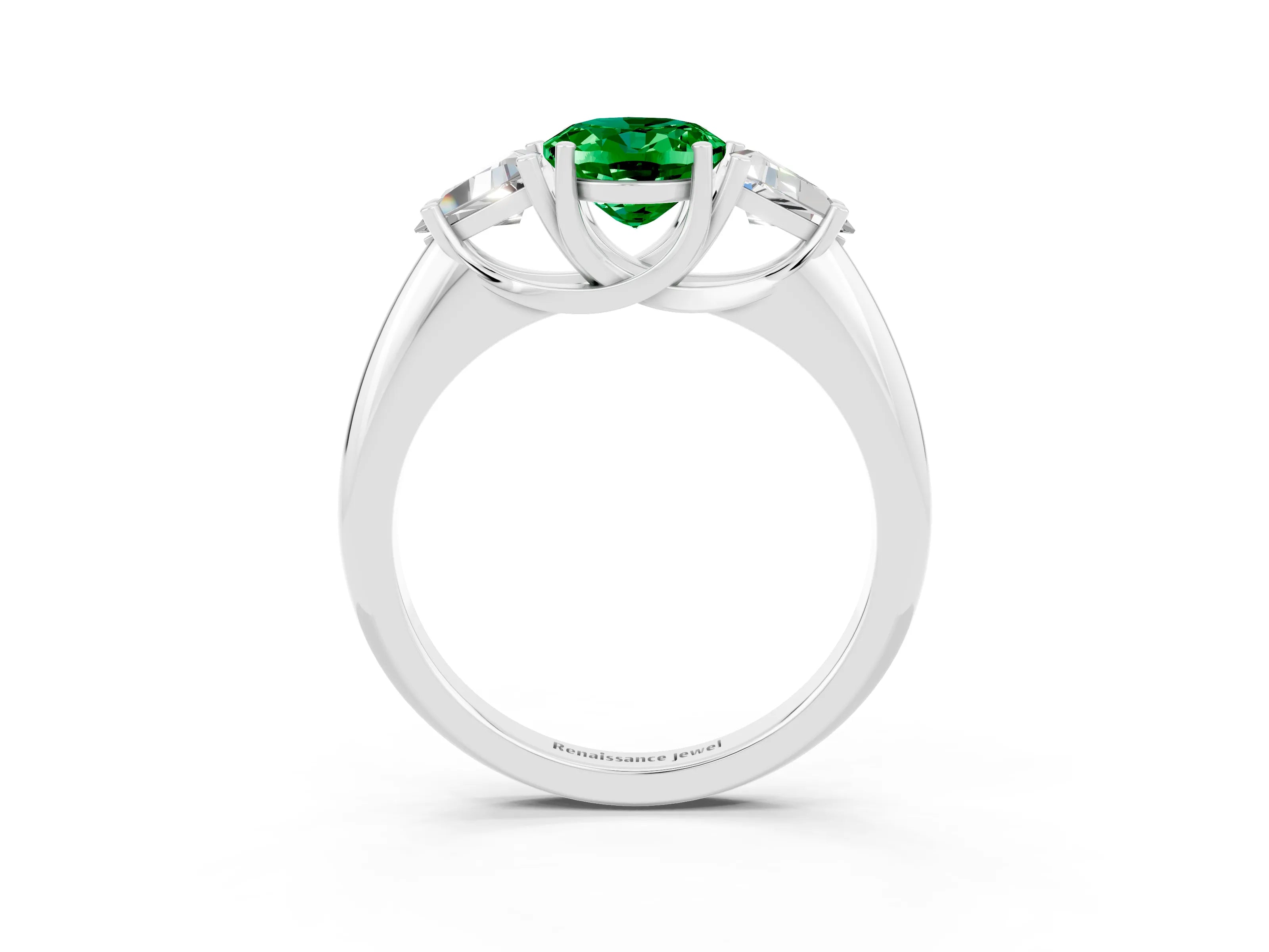 White gold Three-Stone Oval Cut Cut Diamond Ring with Trillion Side Stones and Four-Prong Setting_3
