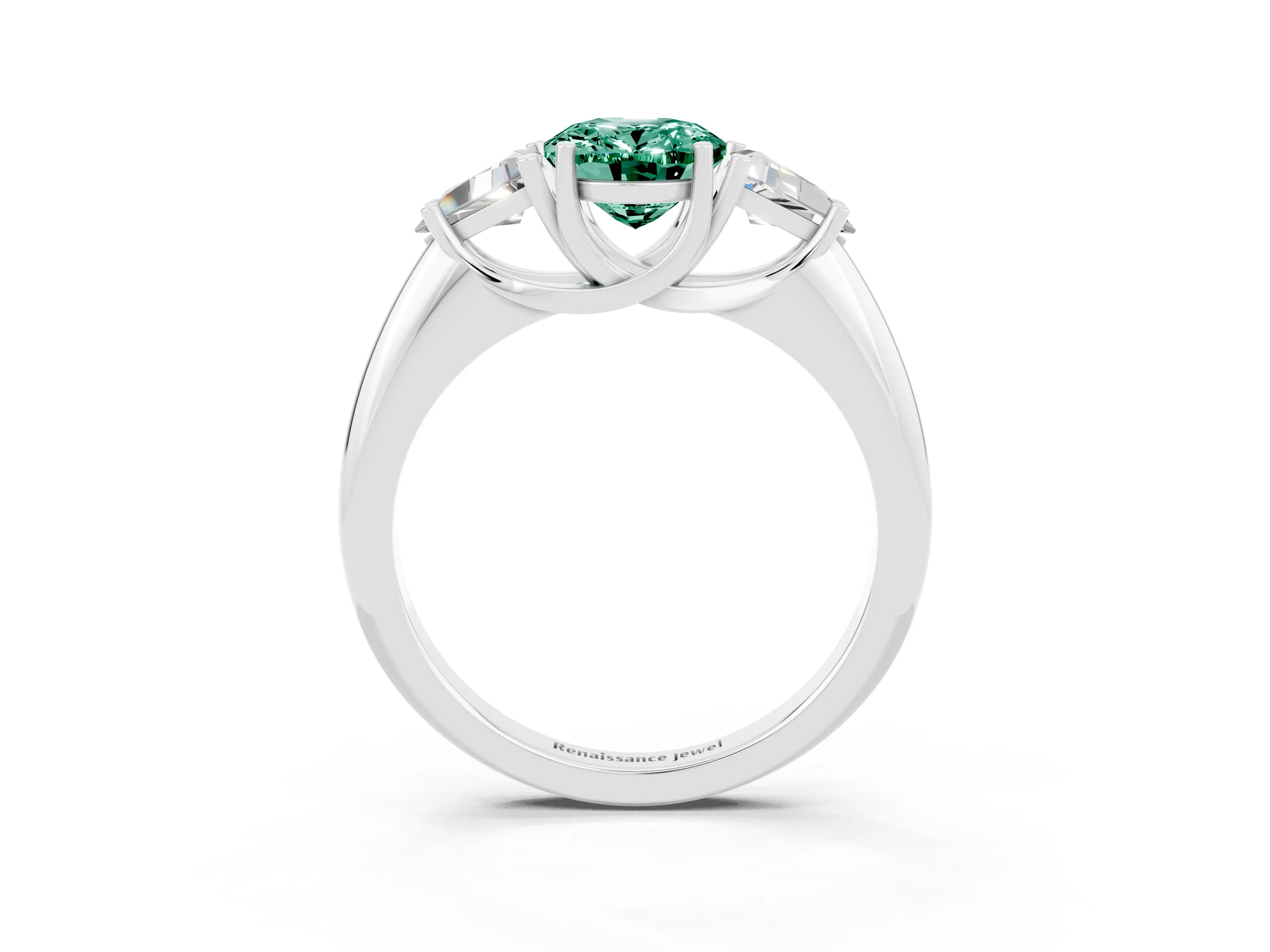 White gold Three-Stone Oval Cut Cut Diamond Ring with Trillion Side Stones and Four-Prong Setting_3