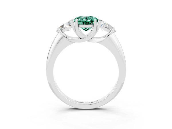Platinum Three-Stone Oval Cut Green Sapphire Engagement Ring with Trillion Side Stones and Prong Setting
