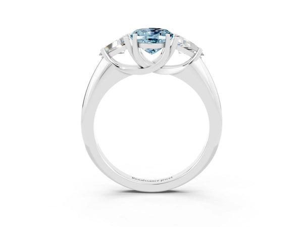 Platinum Three-Stone Oval Cut Cut Diamond Ring with Trillion Side Stones and Four-Prong Setting