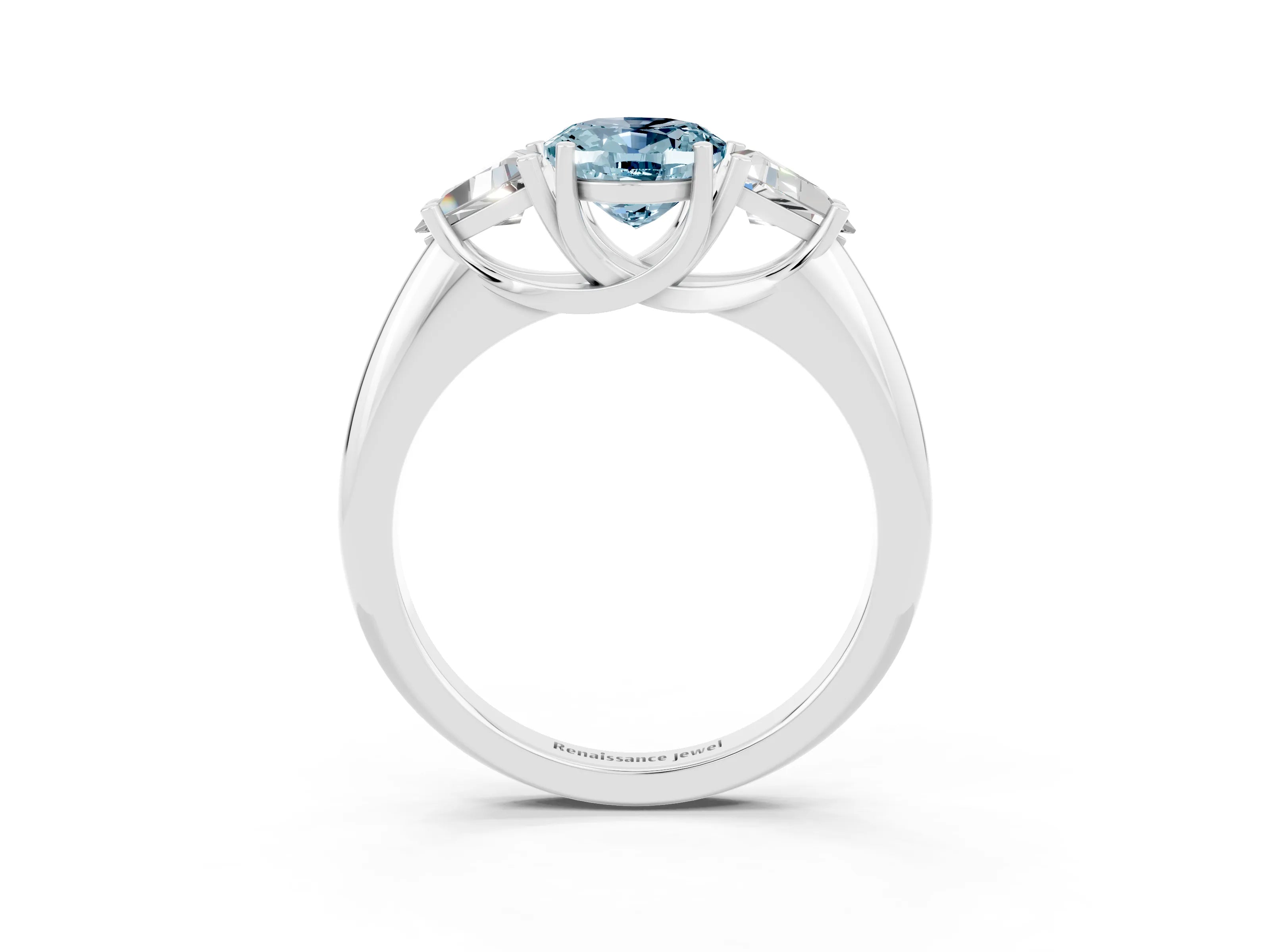 White gold Three-Stone Oval Cut Cut Diamond Ring with Trillion Side Stones and Four-Prong Setting_3