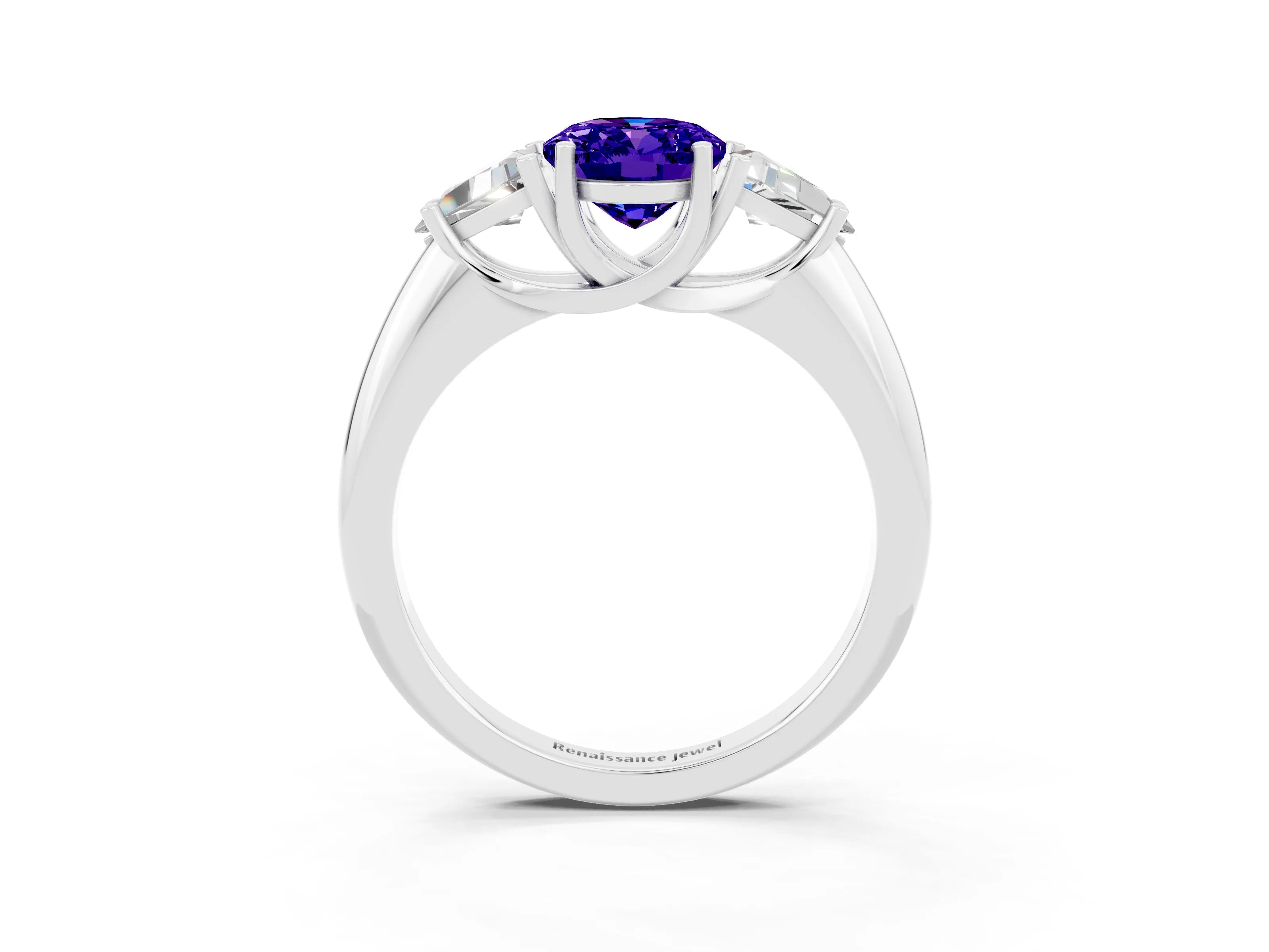 White gold Three-Stone Oval Cut Cut Diamond Ring with Trillion Side Stones and Four-Prong Setting_3