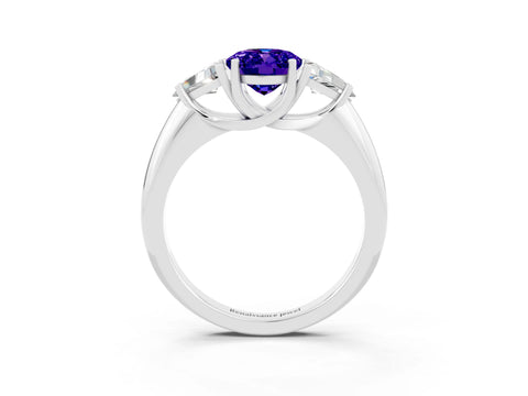 White gold Three-Stone Oval Cut Cut Diamond Ring with Trillion Side Stones and Four-Prong Setting_3