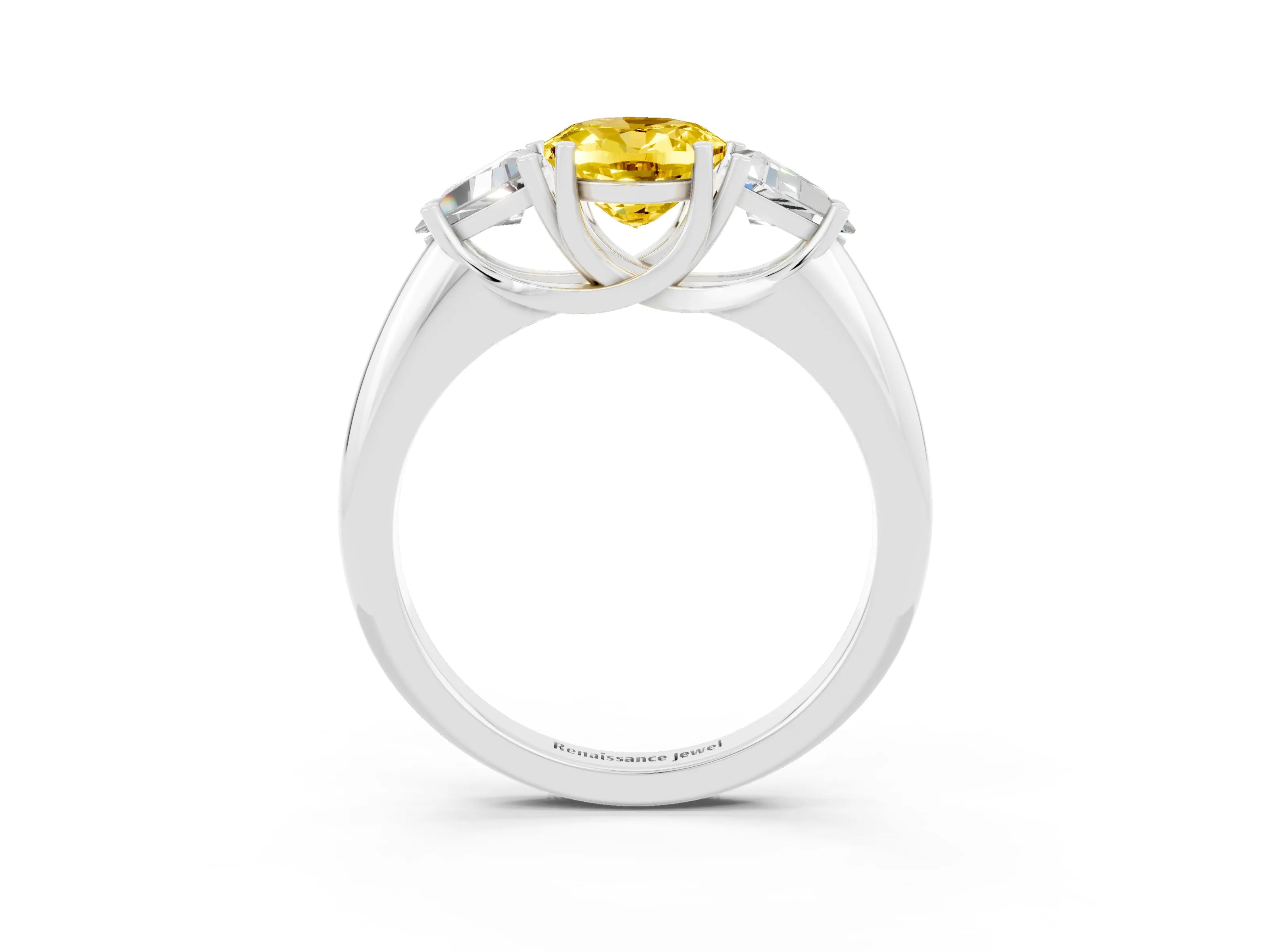 White gold Three-Stone Oval Cut Cut Diamond Ring with Trillion Side Stones and Four-Prong Setting_3