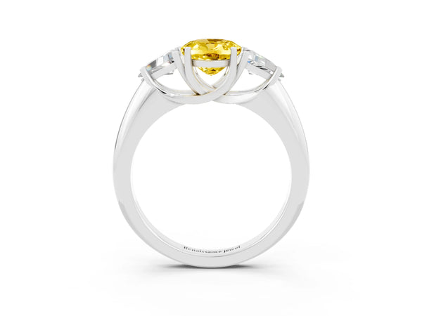White gold Three-Stone Oval Cut Yellow Sapphire Engagement Ring with Trillion Side Stones and Prong Setting