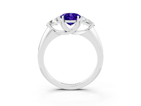 White gold Three-Stone Oval Cut Tanzanite Engagement Ring with Trillion Side Stones and Prong Setting