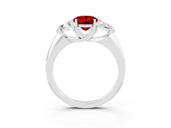 White gold Three-Stone Oval Cut Cut Diamond Ring with Trillion Side Stones and Four-Prong Setting
