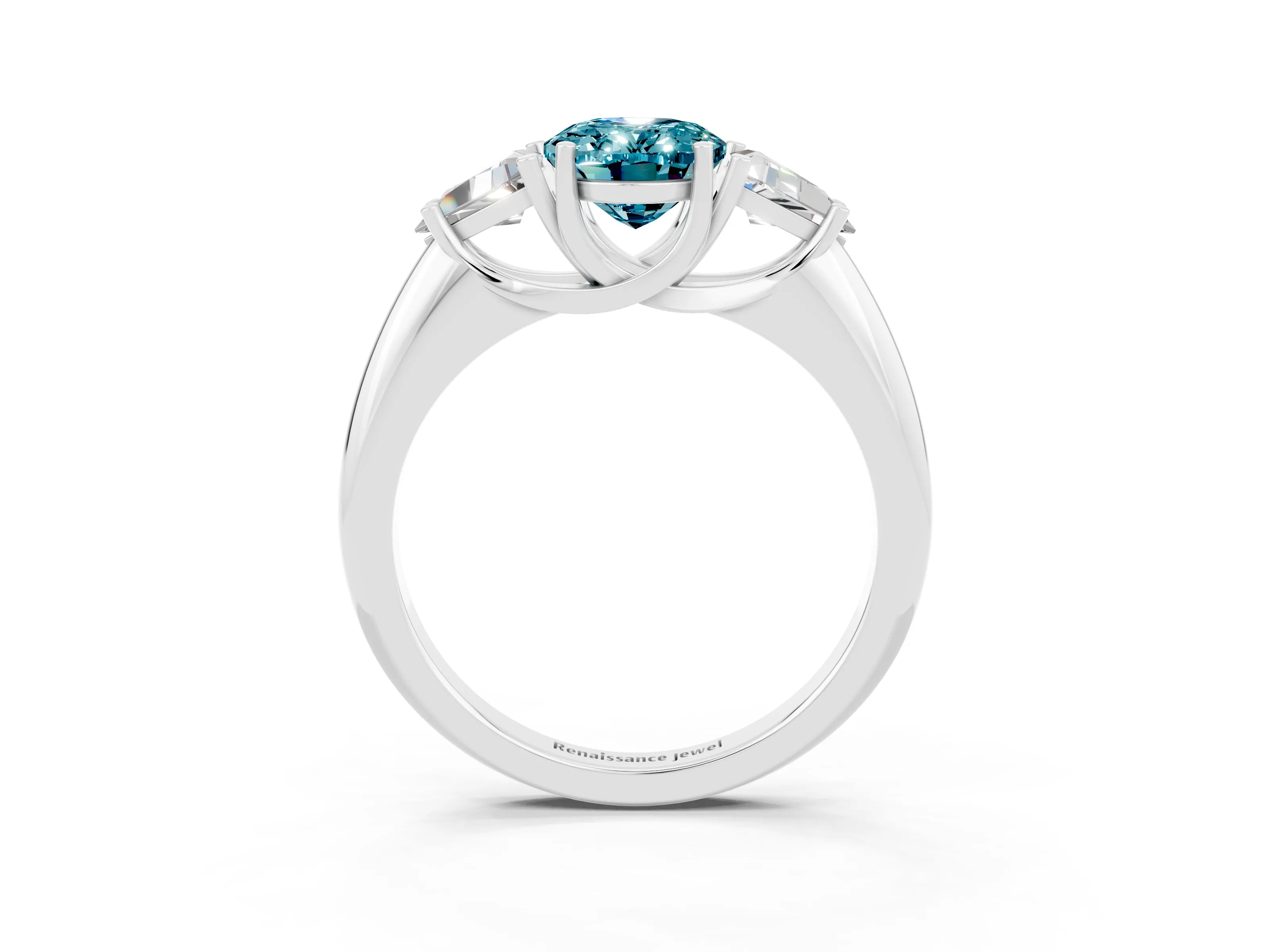 White gold Three-Stone Oval Cut Cut Diamond Ring with Trillion Side Stones and Four-Prong Setting_3