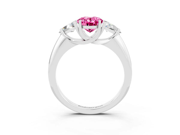 Platinum Three-Stone Oval Cut Cut Diamond Ring with Trillion Side Stones and Four-Prong Setting