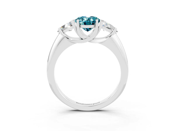 Silver Three-Stone Oval Cut Cut Diamond Ring with Trillion Side Stones and Four-Prong Setting