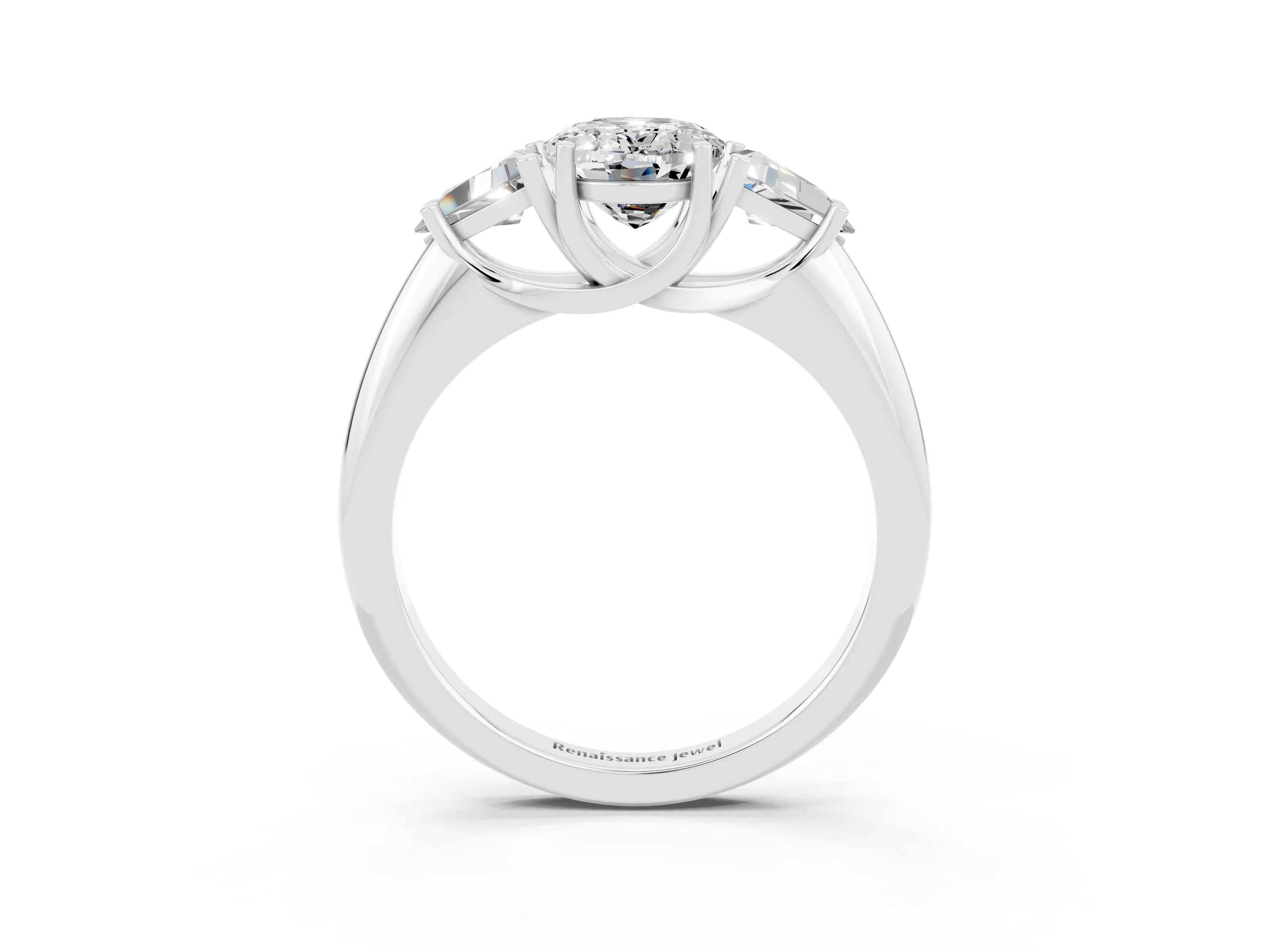 White gold Three-Stone Oval Cut Cut Diamond Ring with Trillion Side Stones and Four-Prong Setting_3